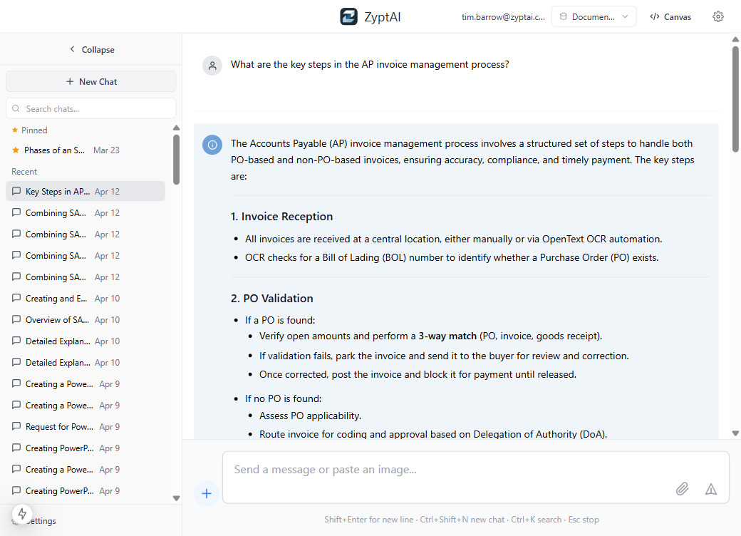 ZyptAI chat answering a process question with a structured response