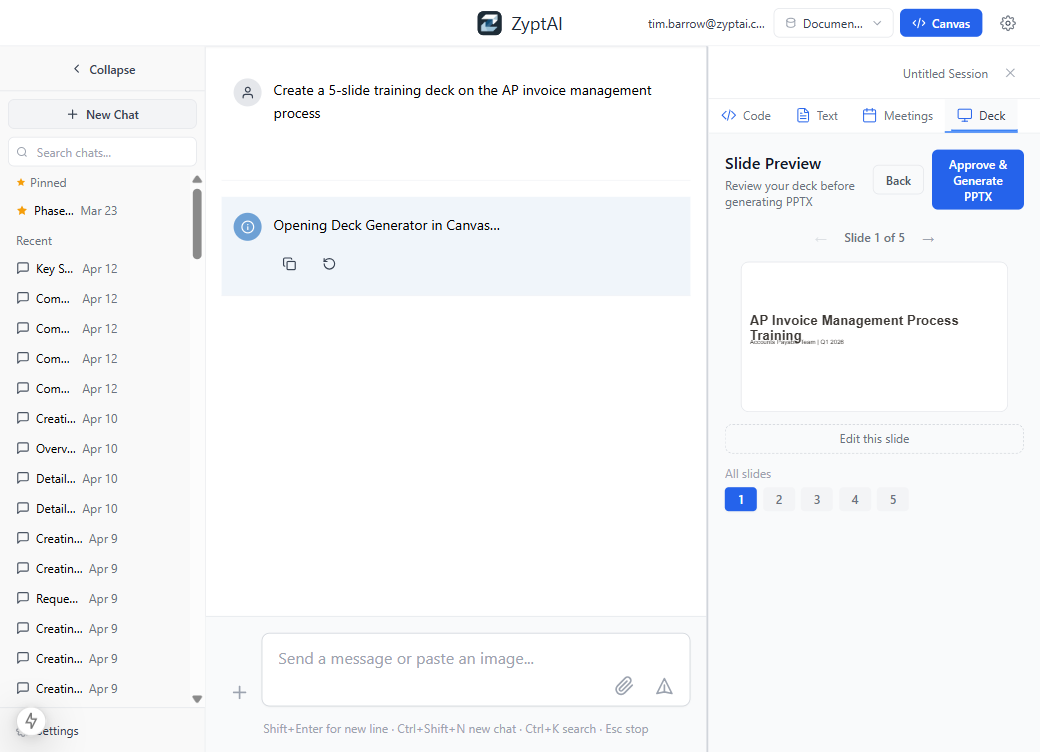 Deck preview open in the ZyptAI Canvas workspace before PPTX generation