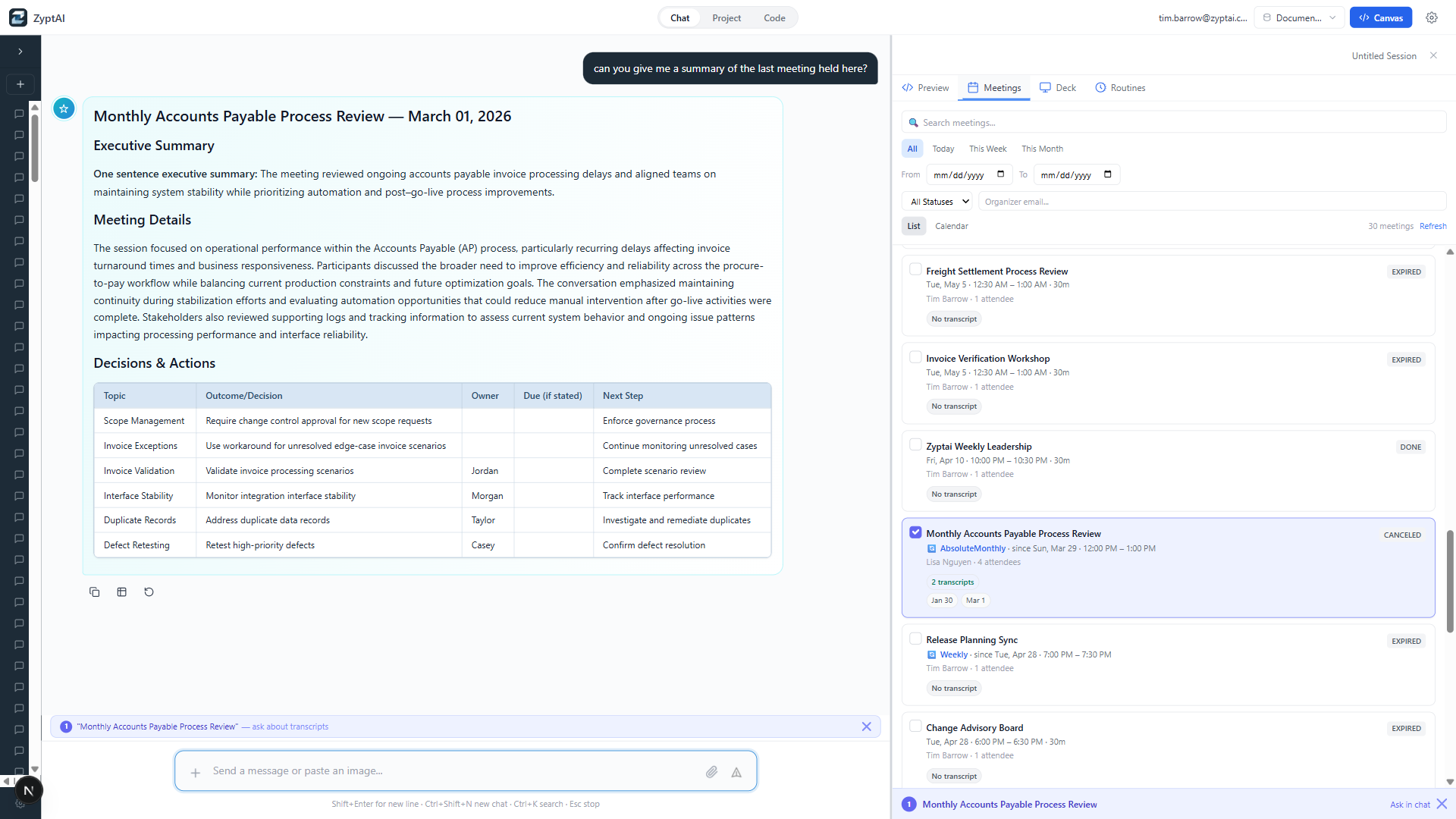 ZyptAI Assistant producing a structured meeting summary next to the Meetings panel with captured transcripts