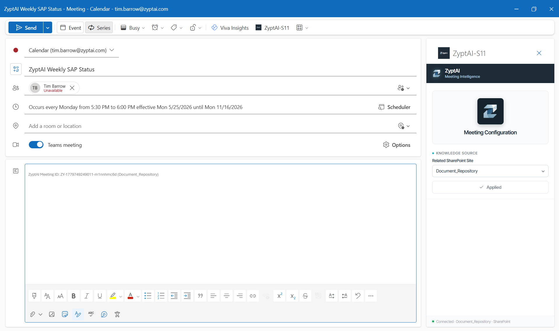 ZyptAI add-in open in Outlook meeting organizer showing Meeting Configuration panel