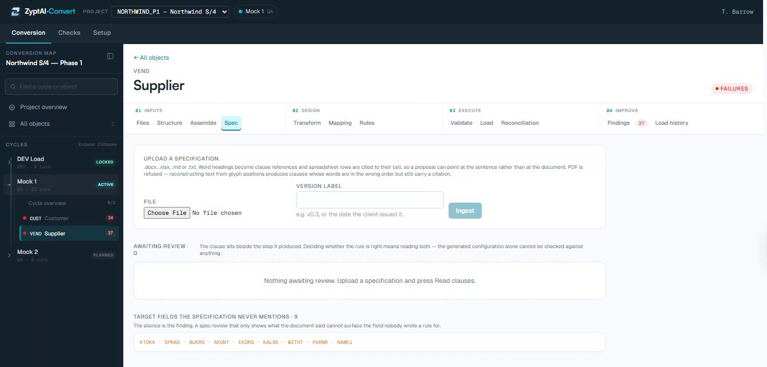Specification ingest screen listing nine target fields the specification never mentions