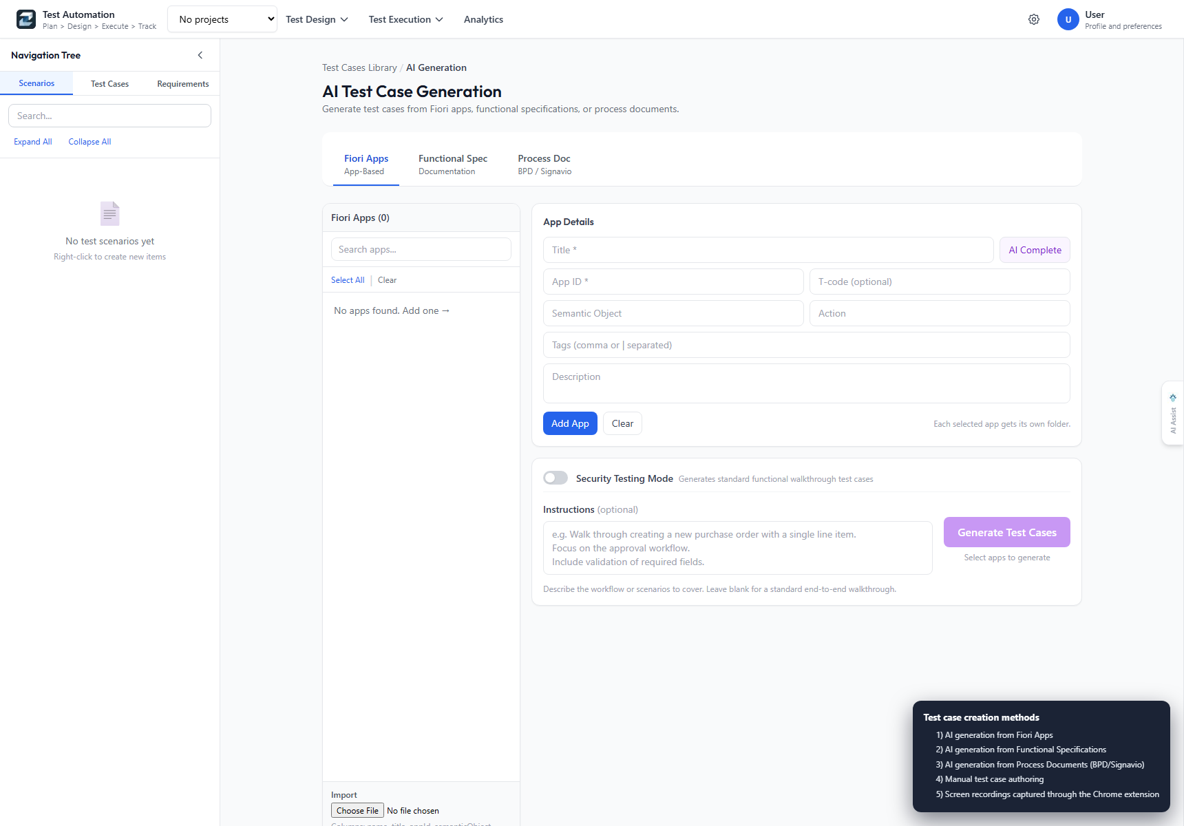 AI test case generation panel showing all creation methods