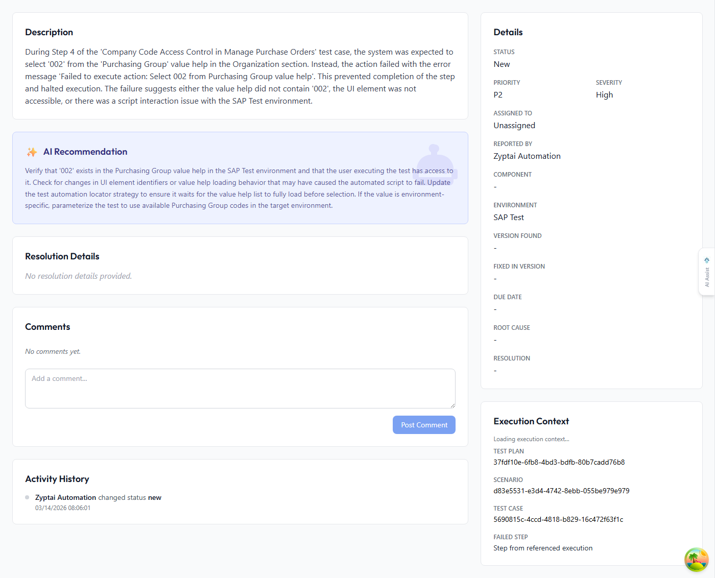 Defect detail with AI recommendation panel