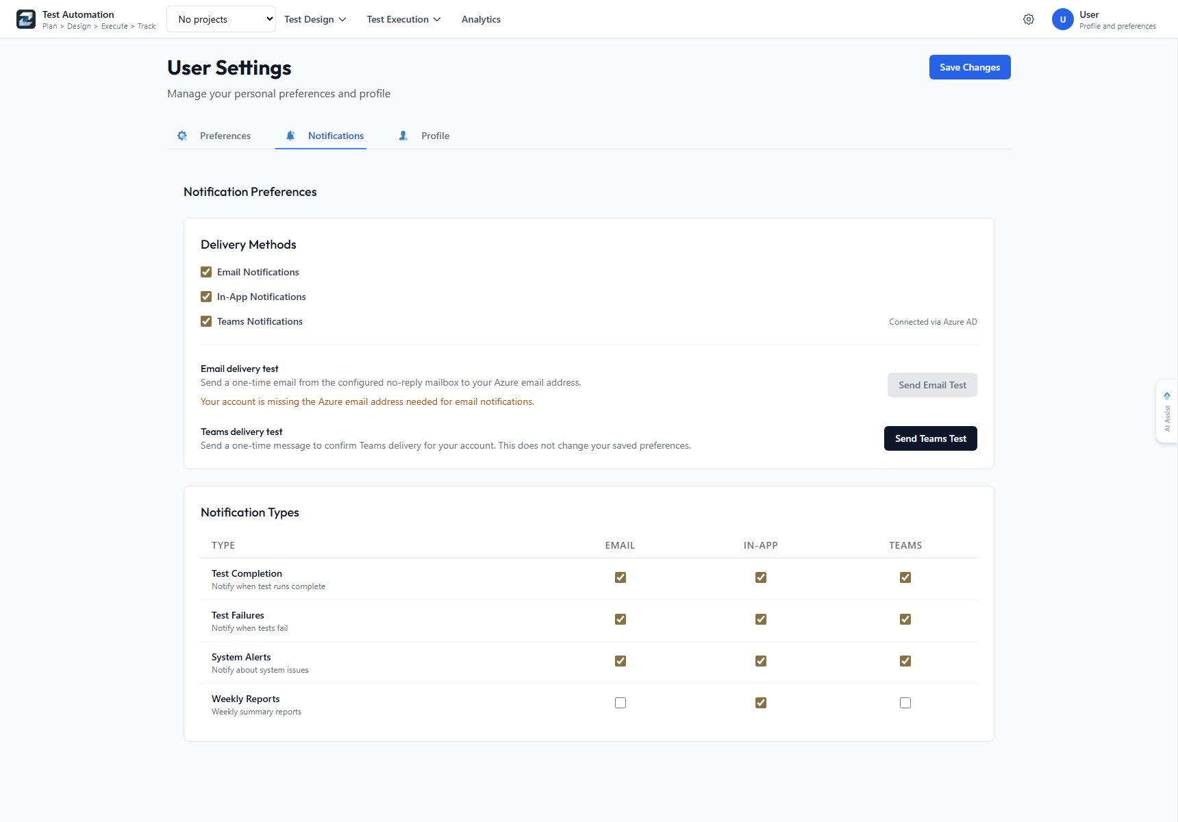 Notification preferences matrix for email, in-app, and Teams