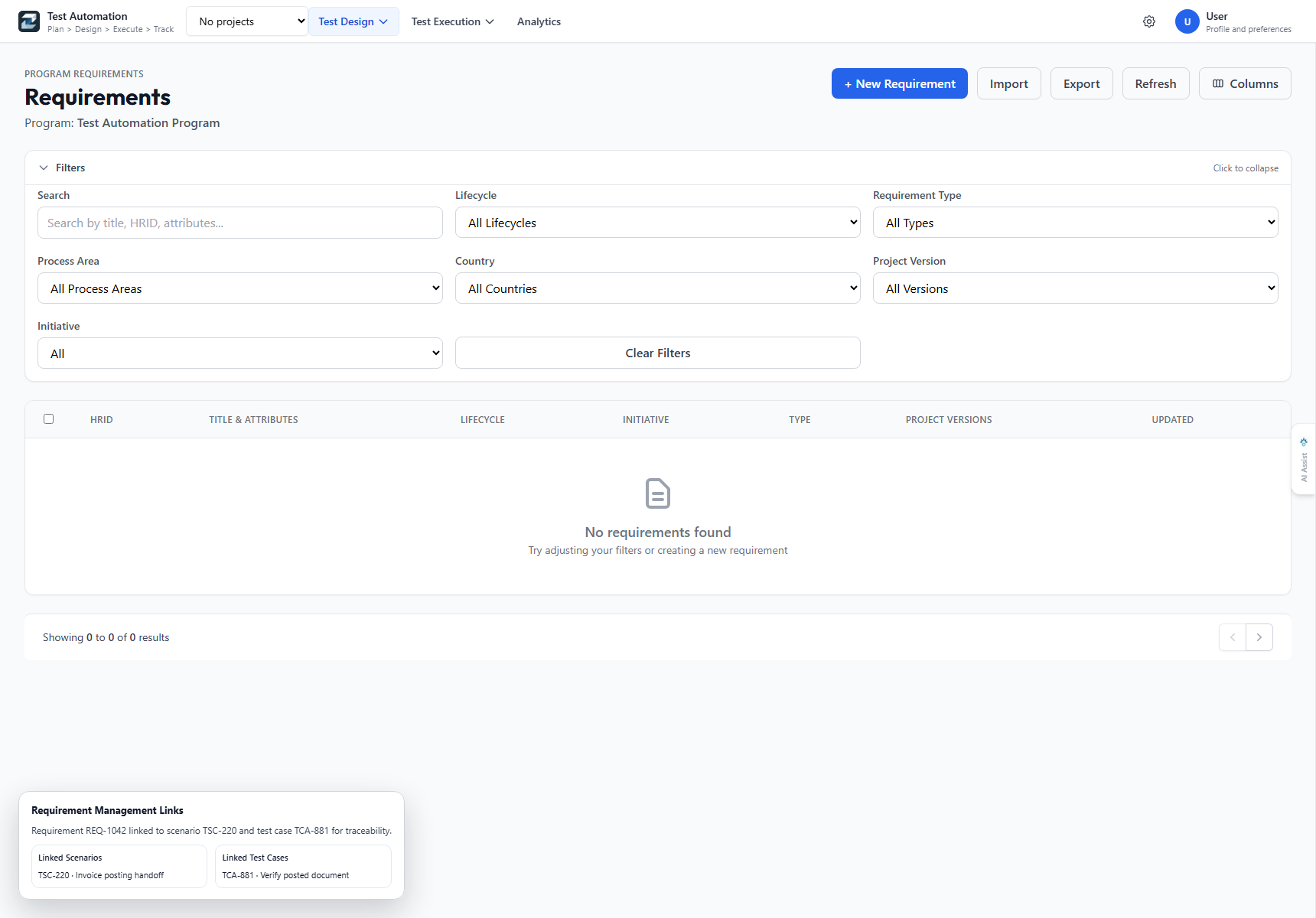 Requirements library with linked test cases shown