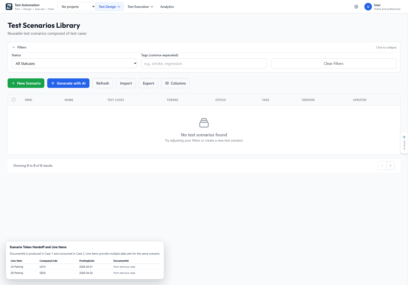 Test scenario showing data tokens passed between test case line items