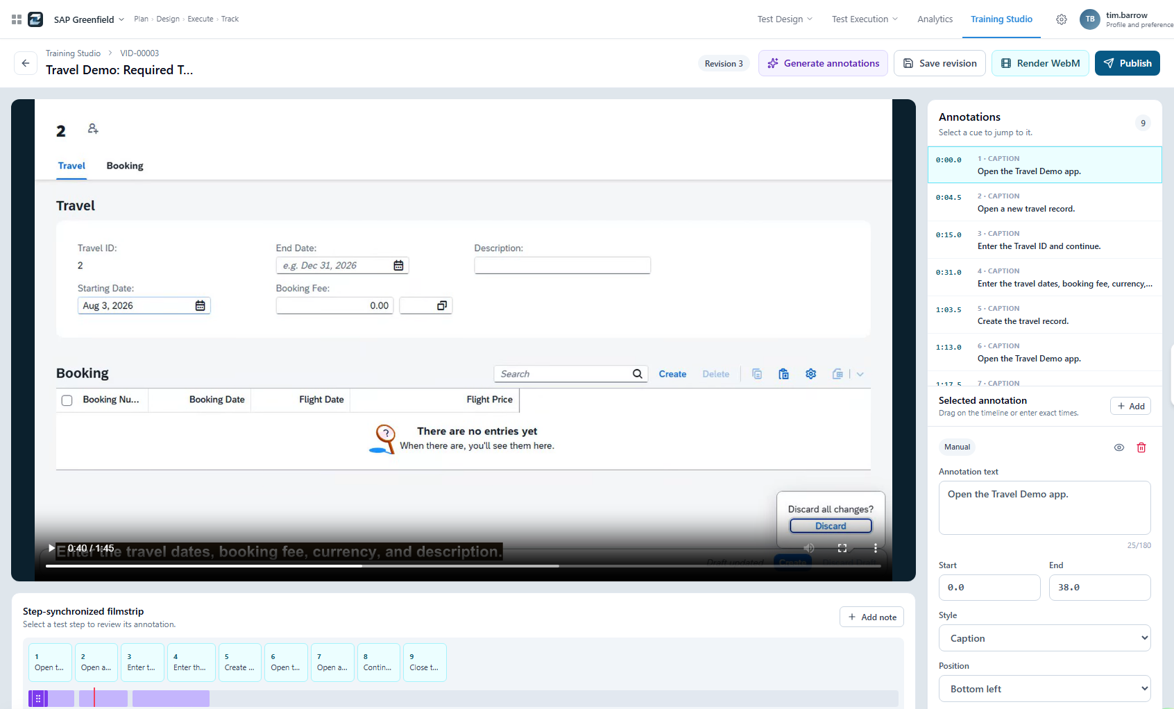 Training Studio editor with video preview, annotation list, and step-synchronised filmstrip
