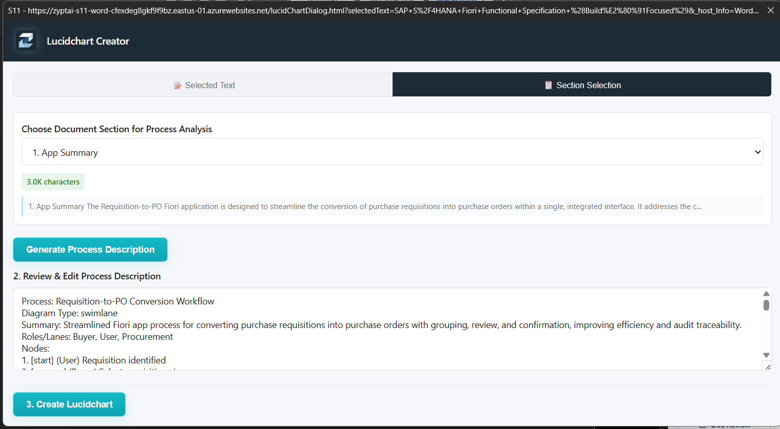 Lucidchart Creator dialog showing section selection and process description generation