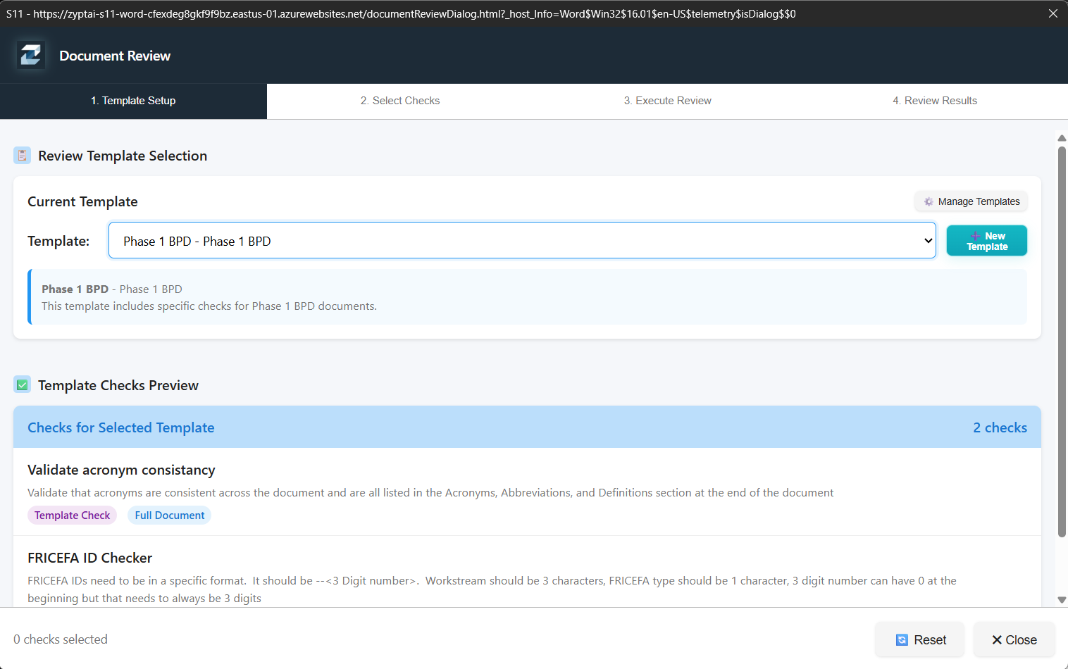 ZyptAI Word add-in document review screen showing template selection and validation checks