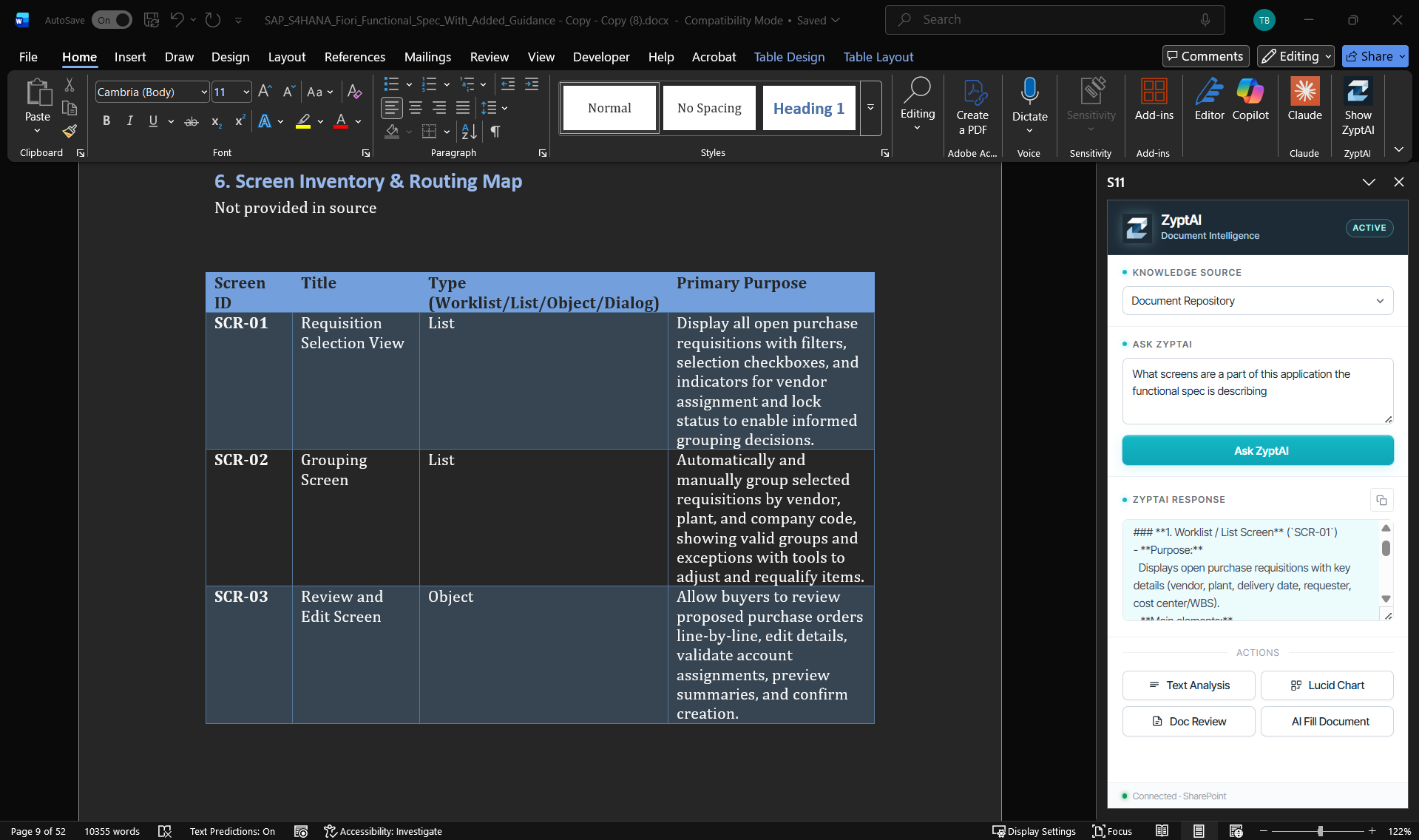 ZyptAI Word add-in sidebar showing document Q&A with screen inventory response
